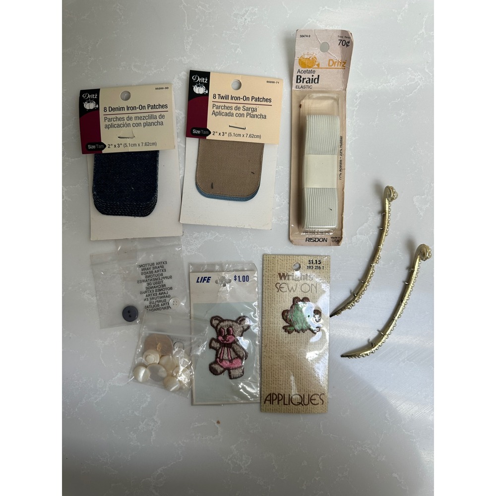 Vintage 70s Sewing Supplies Lot Dritz Patches MOP Buttons Wrights Appliques